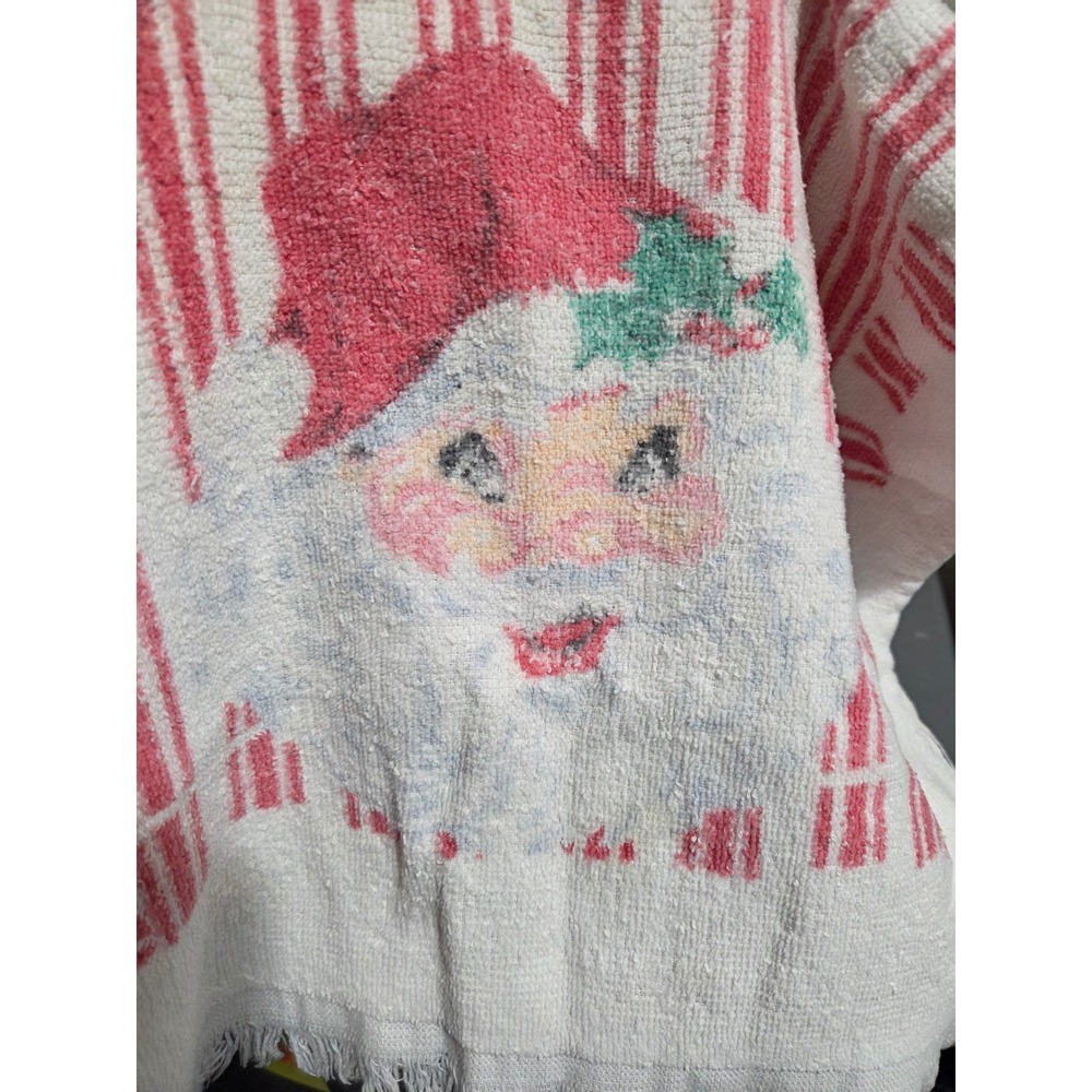 VTG Kitschy Christmas Santa Claus Hand Towel Red Striped Fringe Cotton Terry